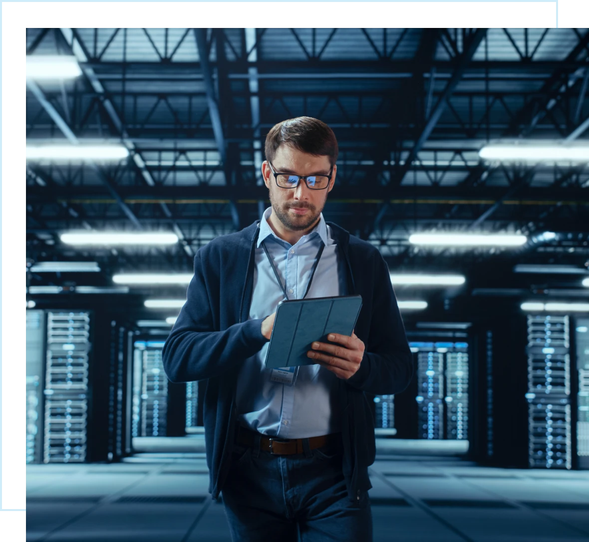 Man analyzing data in data center